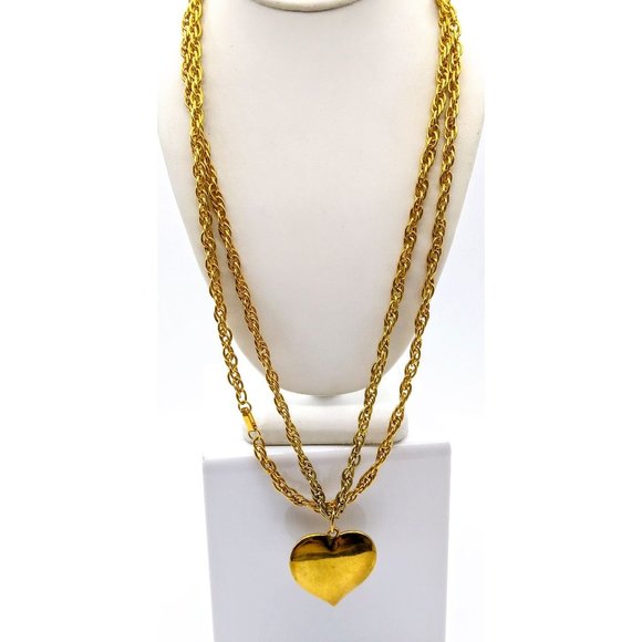 Vintage Brass Heart Pendant Necklace with Long Gold Tone Rope Chain, Flair - Picture 2 of 3